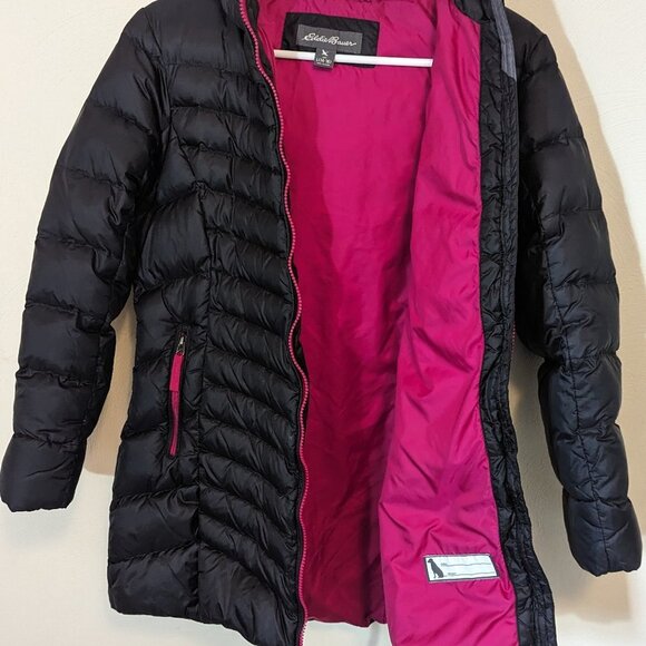 Eddie Bauer Down Long Tunic Length Puffer Parka Coat Black Fushcia Girls L 14-16 - Picture 9 of 16